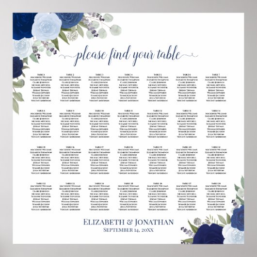 28 Tabel Blauwe Boho Floral Wedding Seating Chart Poster (Voorkant)