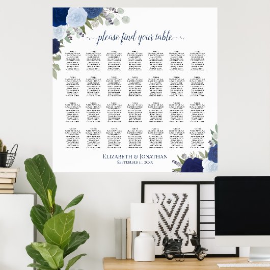28 Tabel Blauwe Boho Floral Wedding Seating Chart Poster (Thuiskantoor)