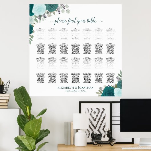 28 Tafel Blauwgroen Boho Bloemen Bruiloft Zitkaart Poster (Thuiskantoor)
