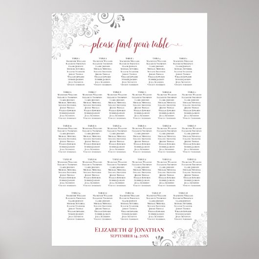 28 Tafel Elegante Rode & Witte Trouw Zittijd Chart Poster (Voorkant)