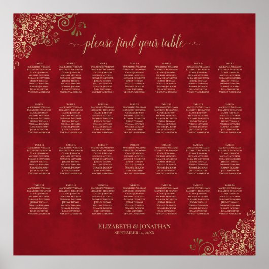 28 Tafel Gold-vriendjes op de Rood Wedding Seating Poster (Voorkant)