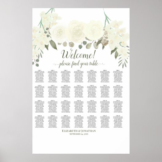 28 Tafel Ivoor Witte rozen Startschema voor wedden Poster (Voorkant)