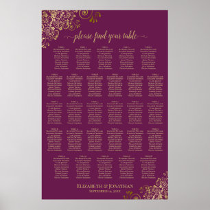 28 Tafel Magenta Plum & Goud Stoelindeling Poster