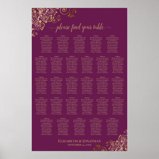 28 Tafel Magenta Plum & Goud Stoelindeling Poster (Voorkant)