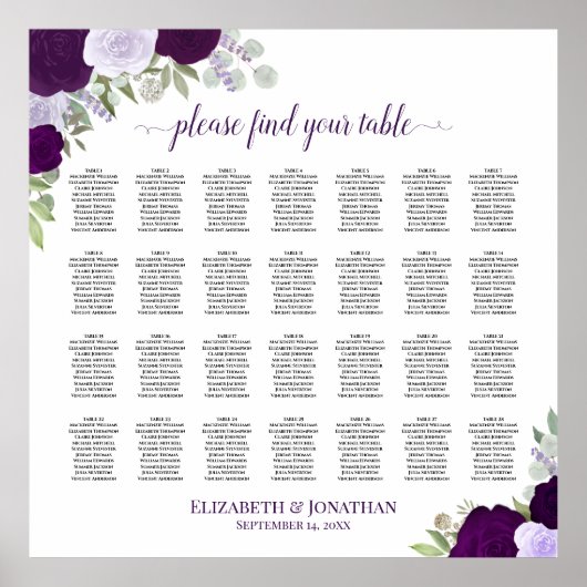 28 Tafel Paarse Boho Bloemen Bruiloft Zitkaarten Poster (Voorkant)