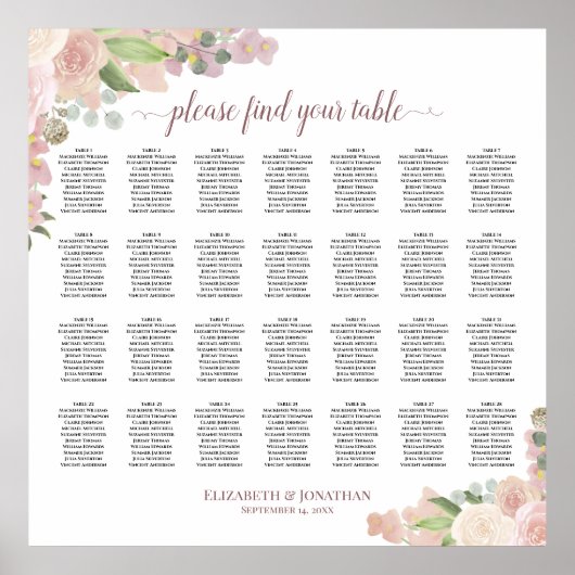 28 Tafel Roze Floral Wedding Seating Chart Poster (Voorkant)