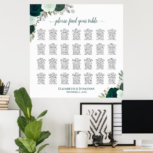 28 Tafel Smaragd Boho Bloemen Bruiloft Zitkaarten Poster (Thuiskantoor)
