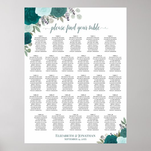 28 Tafel Teal Boho Bloem Bruiloft Zitplaats Chart Poster (Voorkant)