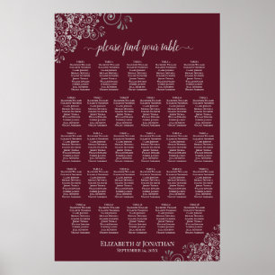 28 Tafel Trouw Stoelenindeling Zilver op Burgundy Poster