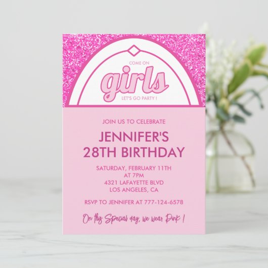 28 verjaardag uitnodiging Glitter Kom op Meisjes (Staand voorkant)