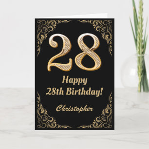 28e Birthday Black en Gold Glitter Lijst Kaart