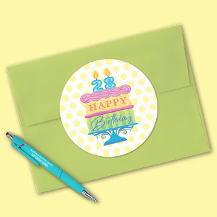 28e Happy Birthday Cake Yellow Stippen Ronde Sticker