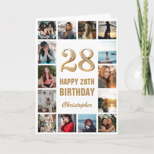 28e Happy Birthday Gold en White Photo Collage Kaart