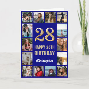 28e Happy Birthday Navy Blue & Gold Photo Collage Kaart