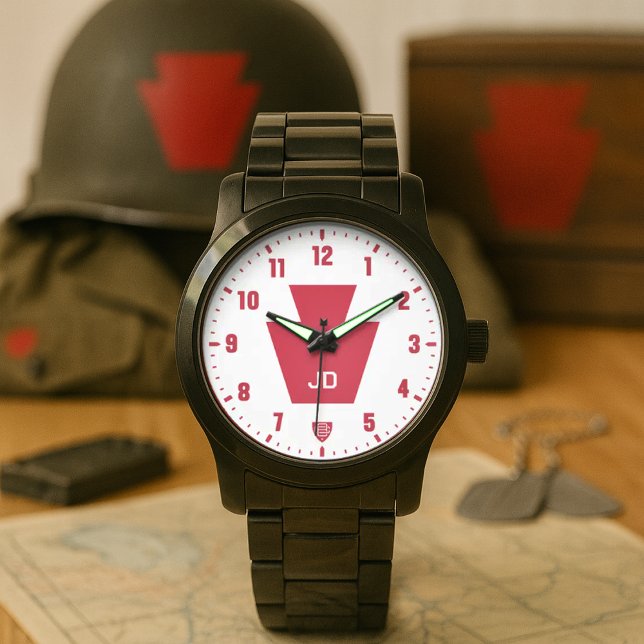 28e Infanterie "Keystone" Divisie Gepersonaliseerd Horloge (28th Infantry "Keystone" Division Personalized Black Stainless Steel Watch)