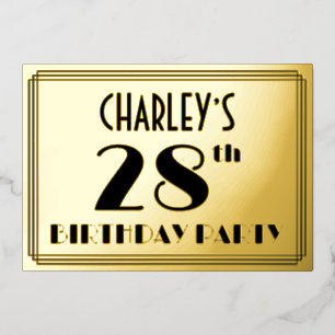 28e verjaardag — Art Deco look "28" + Naam Folie Uitnodiging