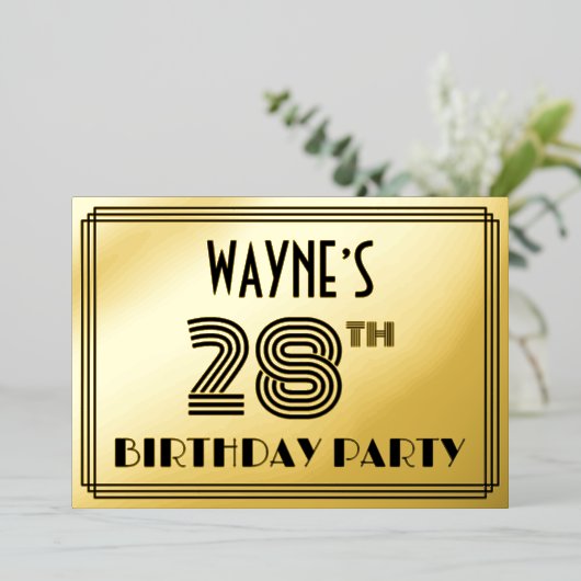 28e verjaardag — Art Deco Style "28" en naam Folie Uitnodiging (Staand Voorkant)