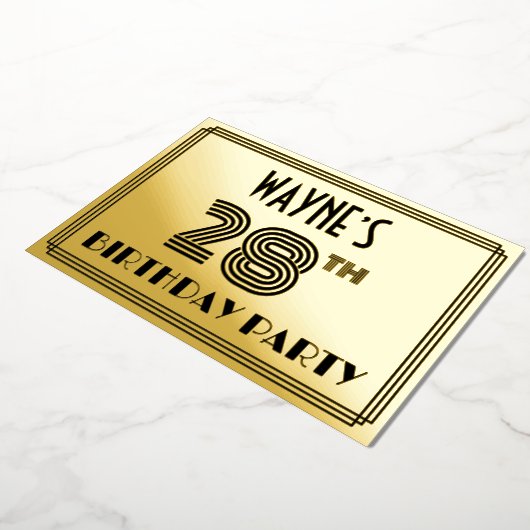 28e verjaardag — Art Deco Style "28" en naam Folie Uitnodiging (Gedraaid)