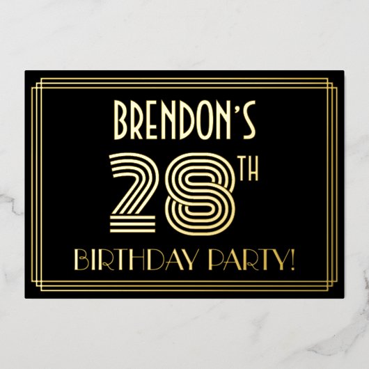 28e verjaardag — Art Deco Style "28" + Naam Folie Uitnodiging (Voorkant)