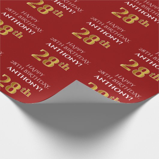28e verjaardag: Elegant, rood, Faux Gold look Cadeaupapier (Hoek)