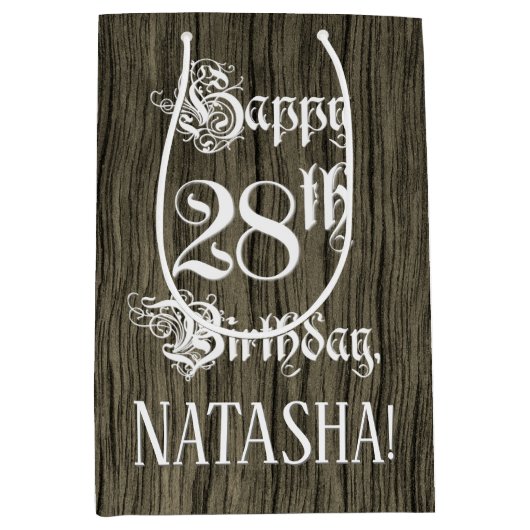 28e verjaardag: Fancy, Faux Wood Kijk + Aangepaste Medium Cadeauzakje (Voorkant)