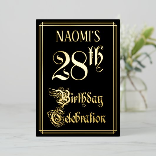 28e verjaardag — Fancy script en aangepaste naam Folie Uitnodiging (Staand Voorkant)