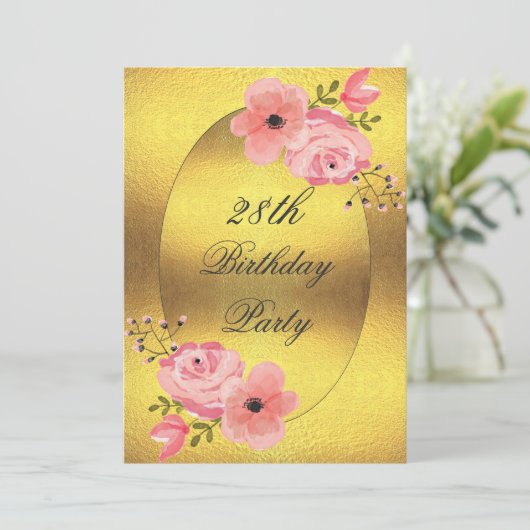 28e verjaardag Faux Gold Foil Waterverf Flowers Kaart (Staand voorkant)