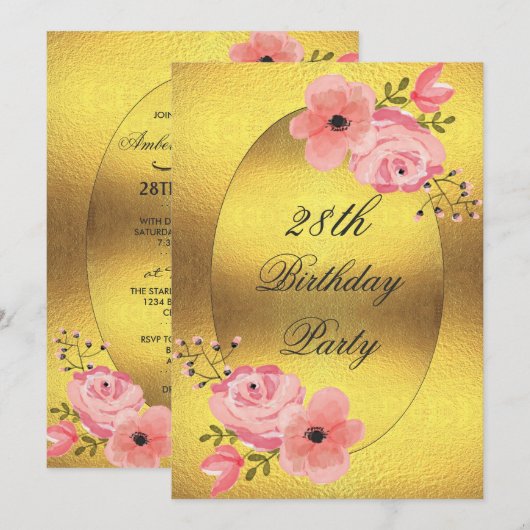 28e verjaardag Faux Gold Foil Waterverf Flowers Kaart (Voorkant / Achterkant)