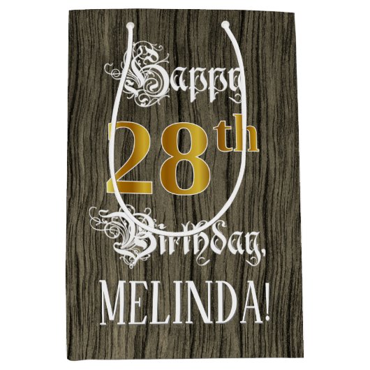 28e verjaardag: Faux Gold look & Faux Wood Pattern Medium Cadeauzakje (Voorkant)