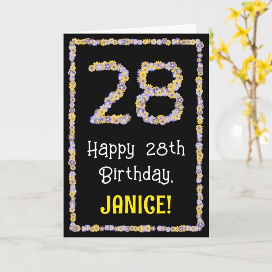 28e verjaardag: Floral Flowers Number, Custom Name Kaart (Gele Bloem)