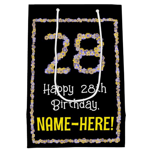 28e verjaardag: Floral Flowers Number, Custom Name Medium Cadeauzakje (Achterkant)