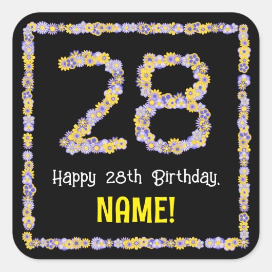 28e verjaardag: Floral Flowers Number, Custom Name Vierkante Sticker (Voorkant)