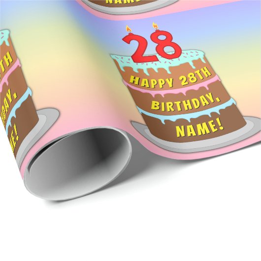 28e verjaardag: Fun Cake and Candles + Custom Name Cadeaupapier (Rol Hoek)