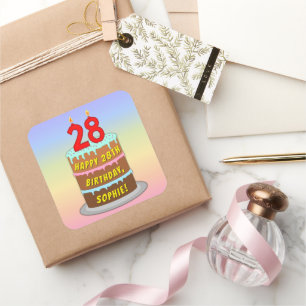 28e verjaardag: Fun Cake and Candles + Custom Name Vierkante Sticker