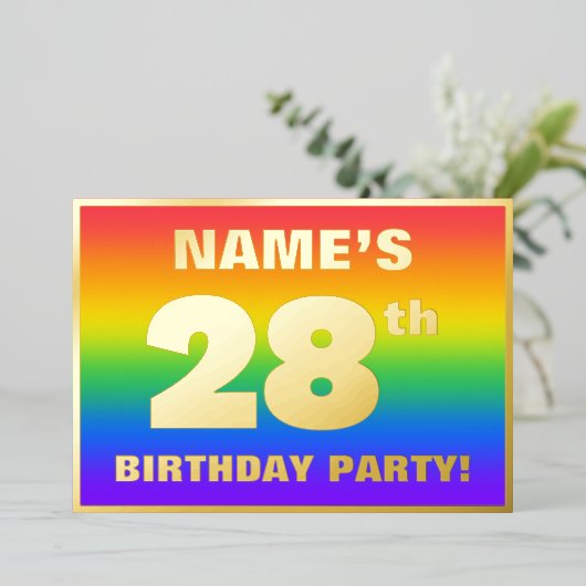 28e verjaardag: Fun, kleurrijk regenboogpatroon Folie Uitnodiging (Staand Voorkant)