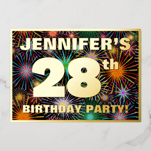 28e verjaardag — Fun, kleurrijke Fireworks look Folie Uitnodiging (Voorkant)
