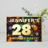 28e verjaardag — Fun, kleurrijke Fireworks look Folie Uitnodiging (Staand Voorkant)
