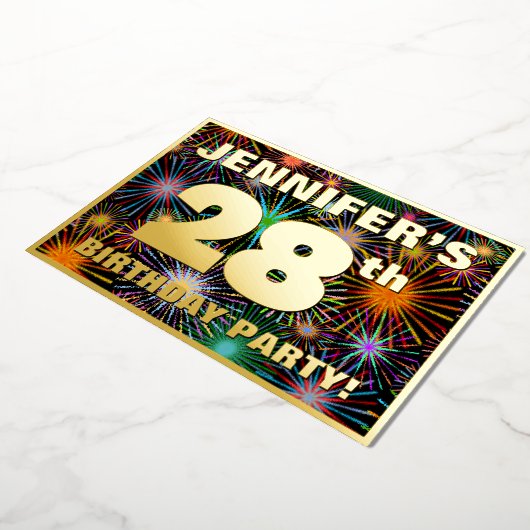 28e verjaardag — Fun, kleurrijke Fireworks look Folie Uitnodiging (Gedraaid)