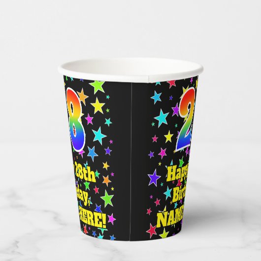 28e verjaardag: Fun Stars Pattern en Rainbow 28 Papieren Bekers (Rechts)