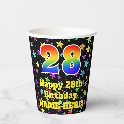 28e verjaardag: Fun Stars Pattern en Rainbow 28 Papieren Bekers (Voorkant)