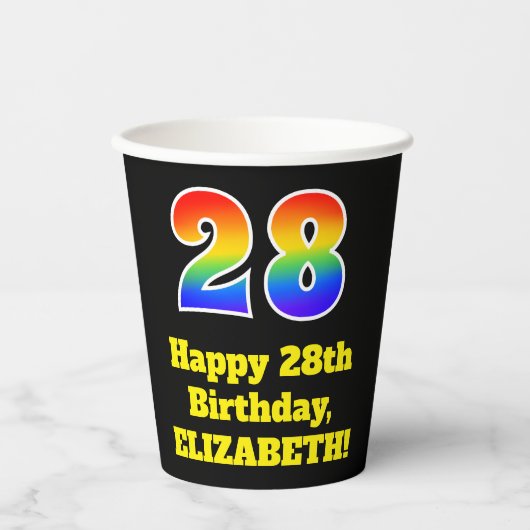 28e verjaardag: Kleurrijk, Leuk, Spannend, Regenbo Papieren Bekers (Voorkant)