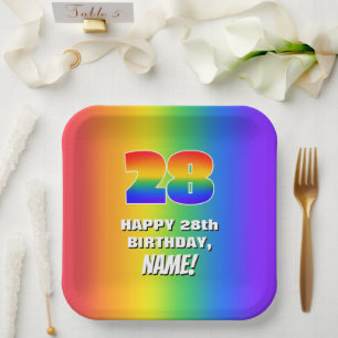 28e verjaardag: Kleurrijk, vun regenboogpatroon #  Papieren Bordje