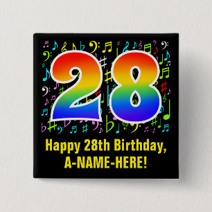 28e verjaardag: Kleurrijke muzieksymbolen, regenbo Vierkante Button 5,1 Cm