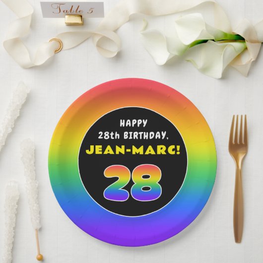 28e verjaardag: kleurrijke regenboog # 28, aangepa papieren bordje (Huwelijk)