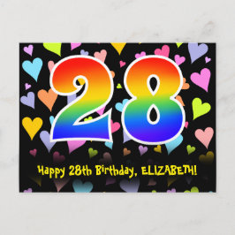 28e verjaardag: leuk harten patroon, regenboog 28 briefkaart