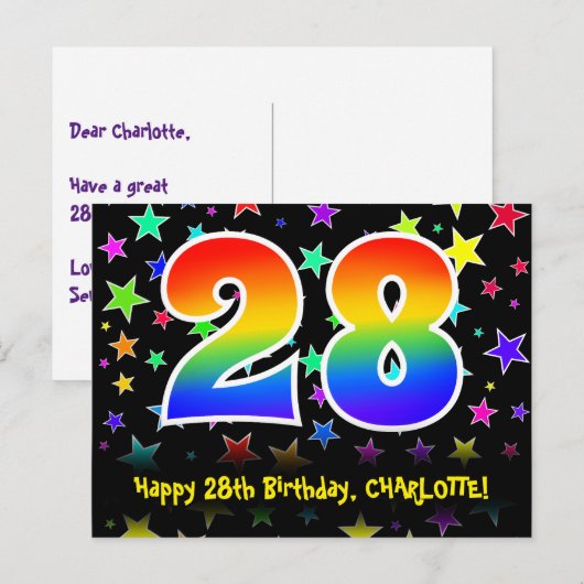 28e verjaardag: leuk sterrenpatroon, regenboog 28, briefkaart (Voorkant / Achterkant)