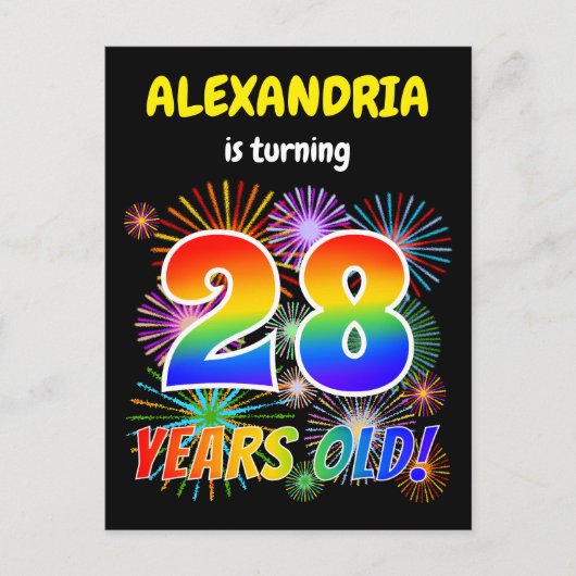28e verjaardag - Leuk vuurwerk, Regenboog look "28 Briefkaart (Voorkant)