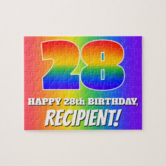 28e verjaardag — Meerkleurig regenboogpatroon "28" Legpuzzel (Horizontaal)