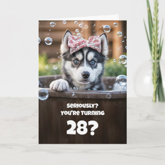 28e verjaardag met knappe hond in bubbelbad grap kaart