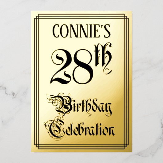 28e verjaardag Partij — Elegant Manuscript + de Na Folie Uitnodiging (Voorkant)